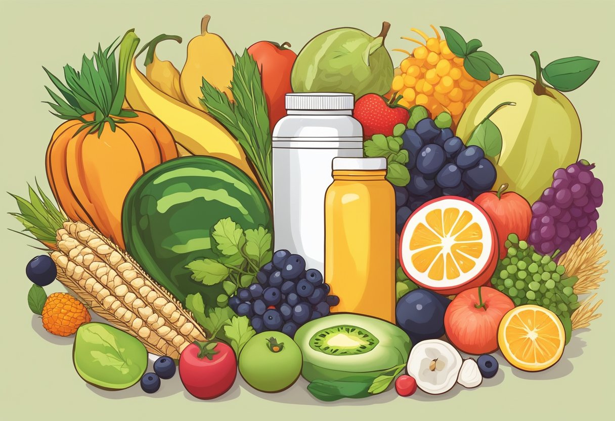 A colorful array of fresh fruits, vegetables, and whole grains arranged around a bottle of supplements, symbolizing the role of nutrition in joint health