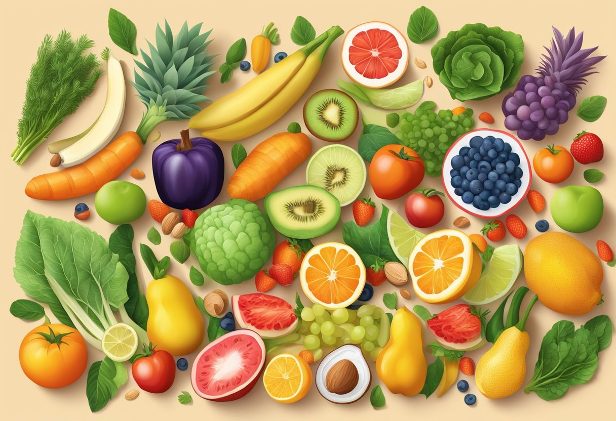 A colorful array of fresh fruits, vegetables, nuts, and fish arranged around a set of healthy, vibrant joints, symbolizing the impact of diet on joint health