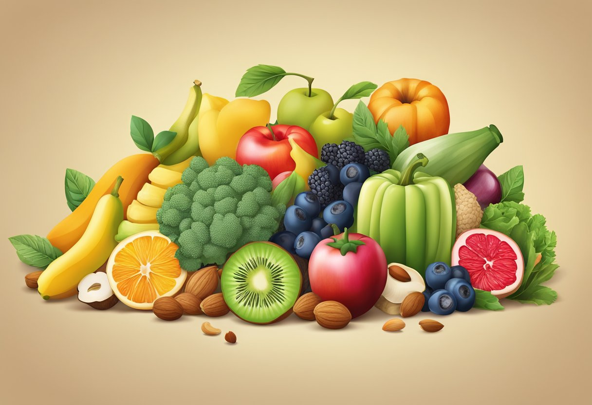 A colorful array of fruits, vegetables, and nuts arranged around a vibrant, healthy joint, symbolizing the impact of nutrition on joint health