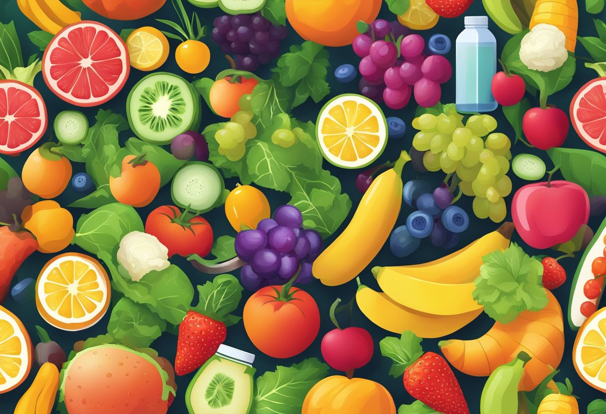 A colorful array of fruits, vegetables, and supplements arranged around a glowing, healthy joint