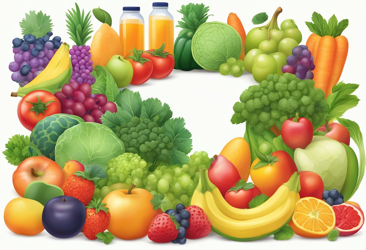 A colorful array of fruits, vegetables, and supplements arranged around a vibrant, healthy joint