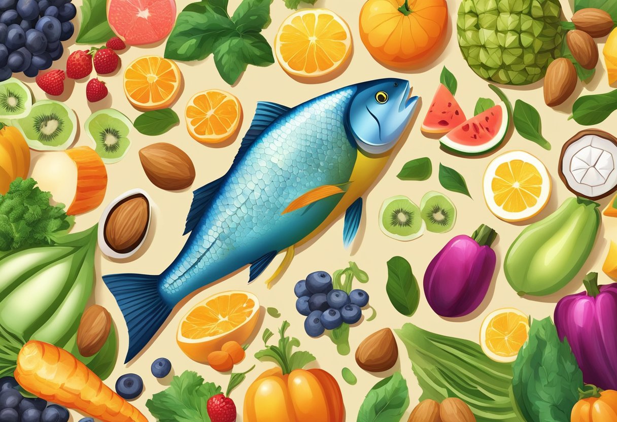 A colorful array of fruits, vegetables, nuts, and fish arranged around a glowing joint, symbolizing the role of nutrition in optimal joint health