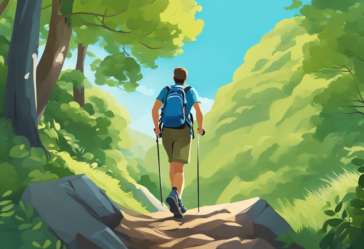 A person hiking on a mountain trail, surrounded by vibrant green trees and a clear blue sky, with a focus on their sturdy, supportive hiking boots