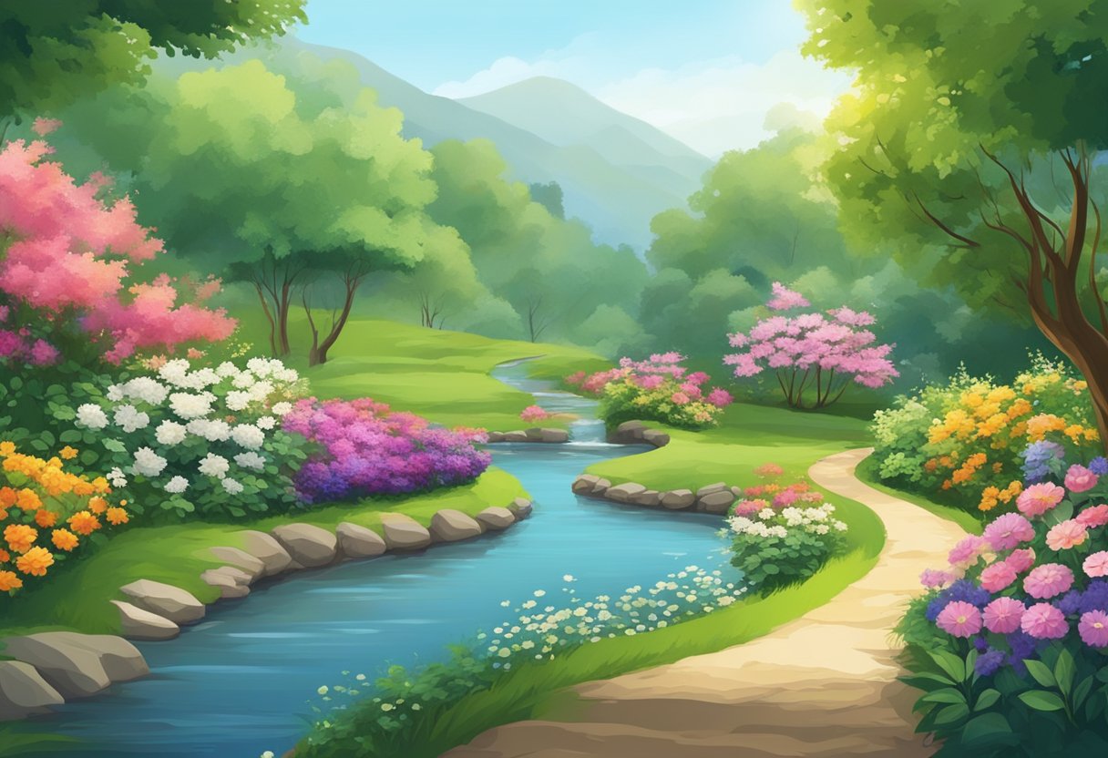 A serene garden with a winding path, surrounded by lush greenery and colorful flowers. A gentle stream flows through the scene, adding a sense of tranquility and peace