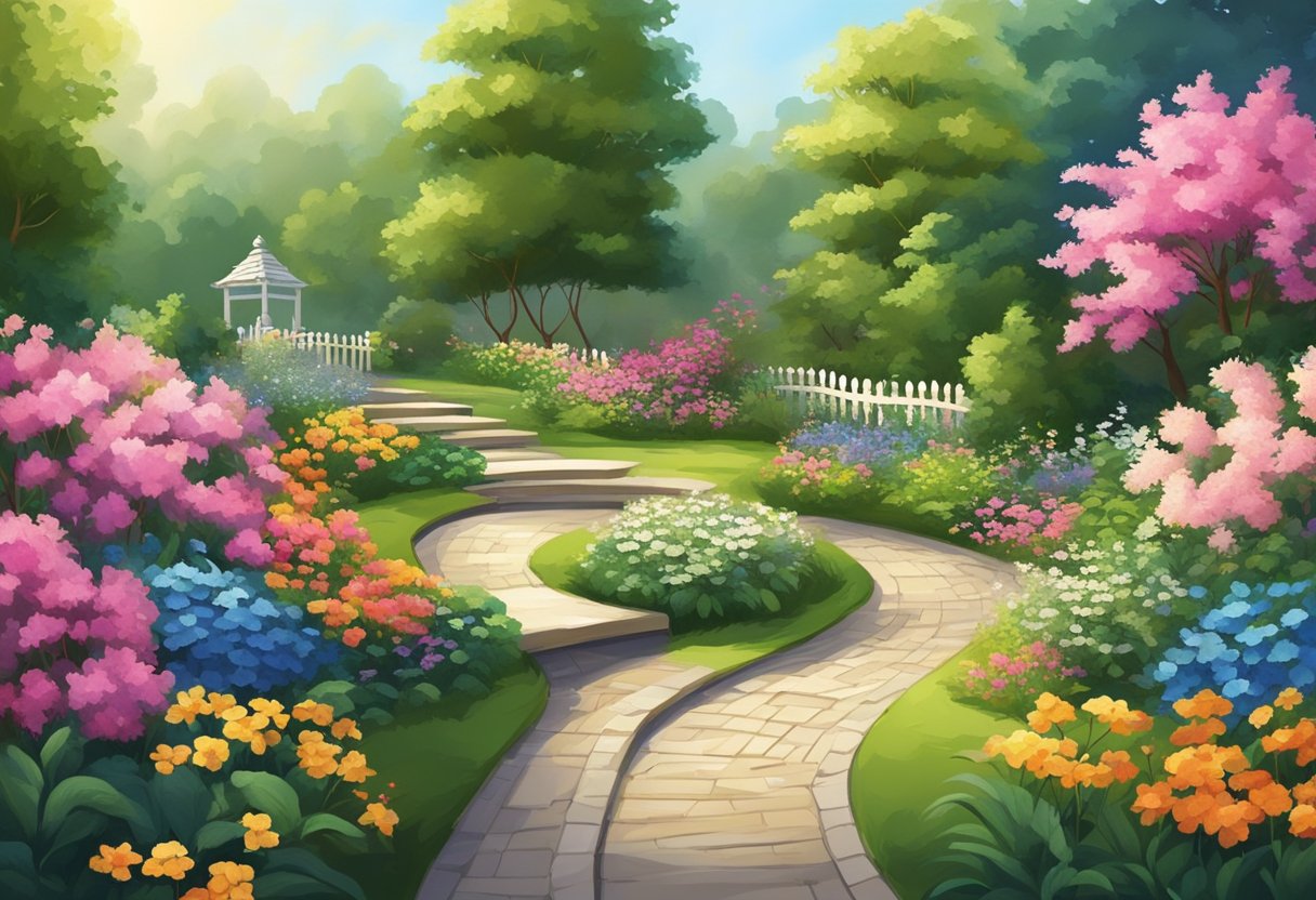 A serene garden with a winding path, surrounded by vibrant flowers and lush greenery, with a peaceful atmosphere conveying the importance of joint health