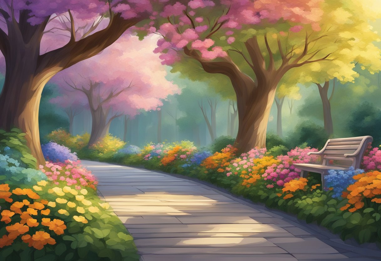 A serene garden with gentle, winding paths and sturdy wooden benches surrounded by lush, colorful flowers and tall, swaying trees