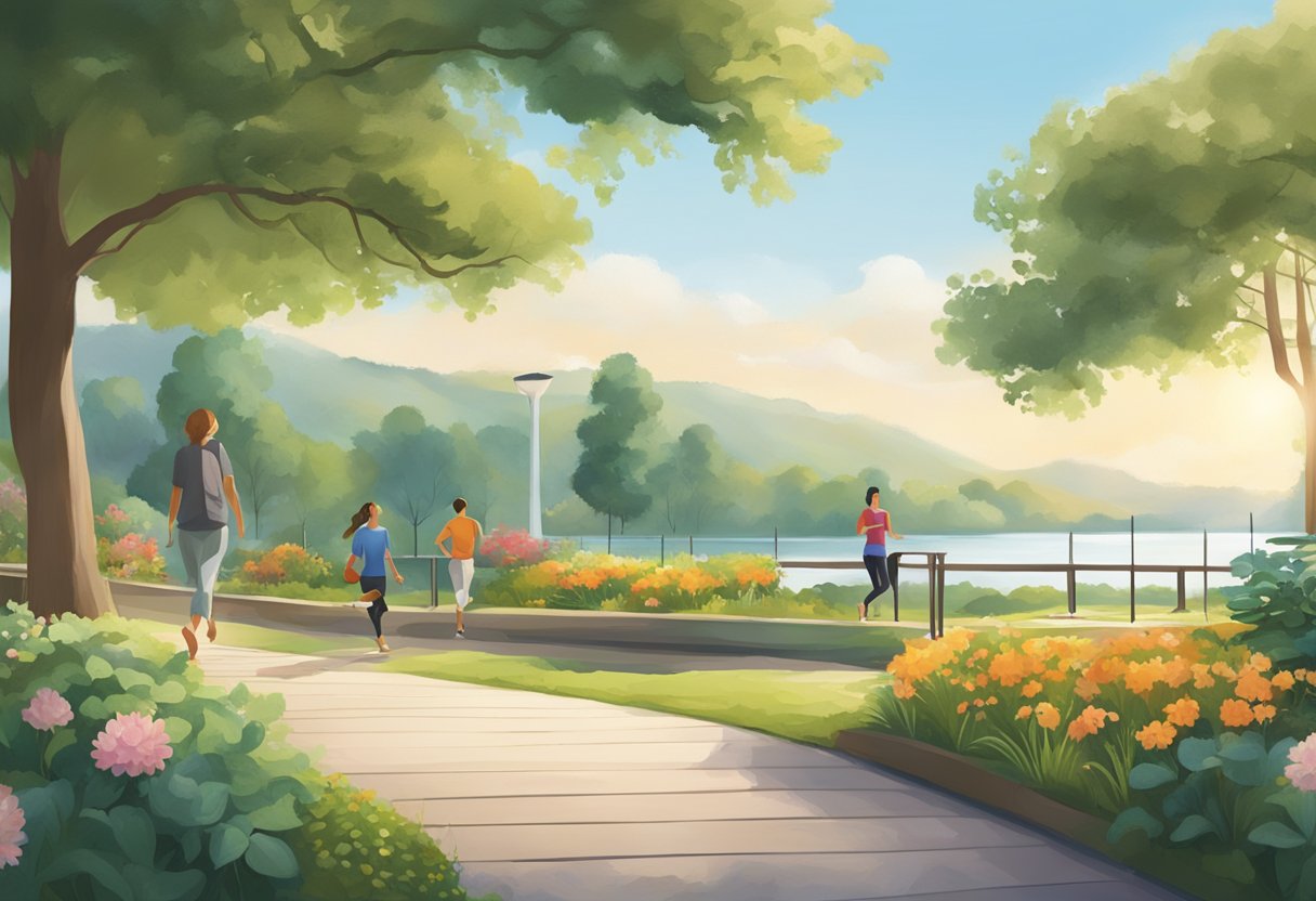 A serene, outdoor setting with a variety of low-impact physical activities such as walking, swimming, and yoga. The scene includes healthy food options and a sense of relaxation and mindfulness