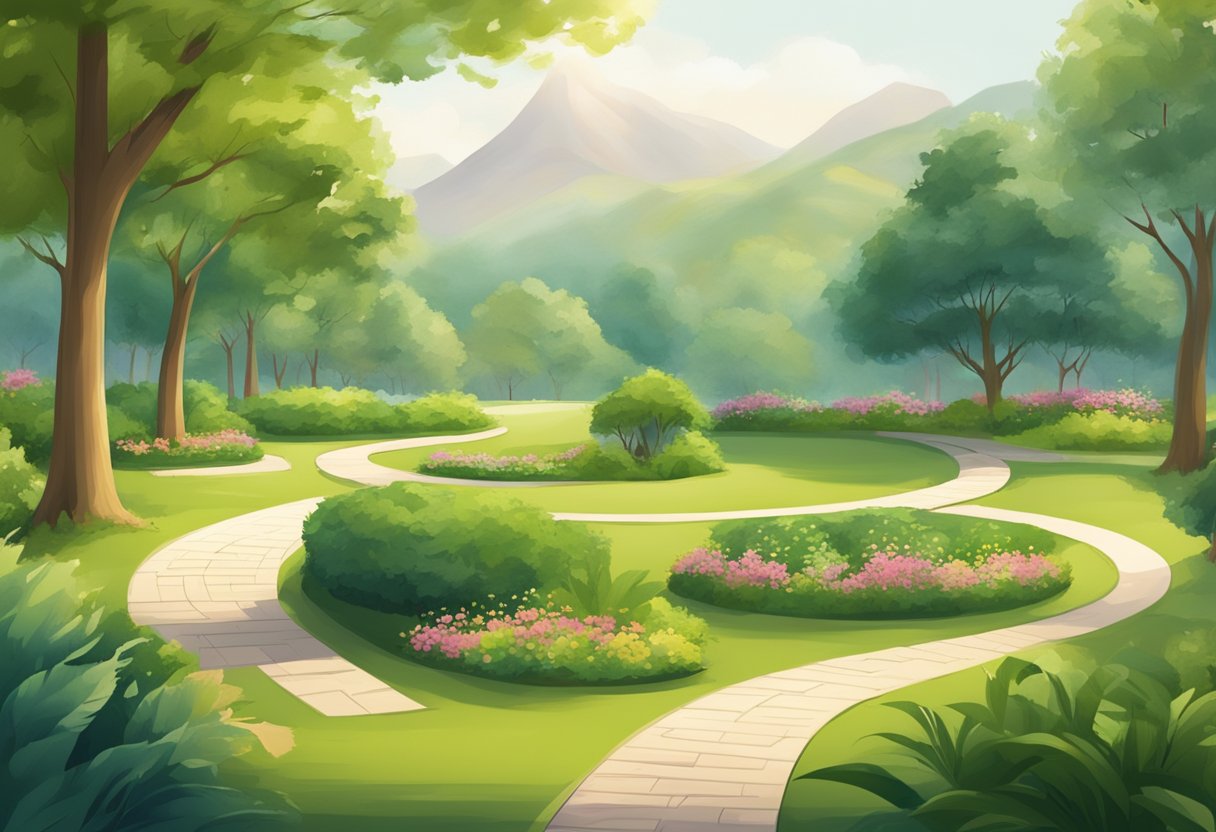A serene park with a winding path, surrounded by lush greenery and gentle hills, with a clear focus on a set of exercise stations designed for joint health and mobility