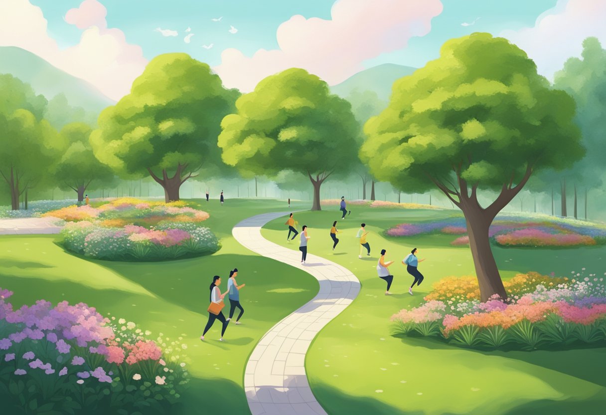 A serene park with a winding path, surrounded by vibrant green trees and blooming flowers. A diverse group of people engage in low-impact exercises like walking, yoga, and tai chi