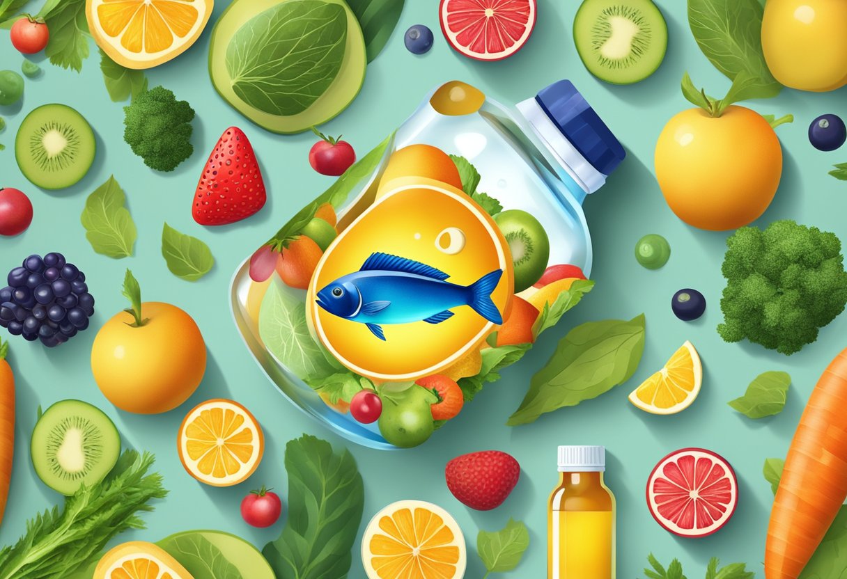 A variety of colorful fruits and vegetables arranged around a bottle of fish oil supplements, with a background of a serene, natural setting