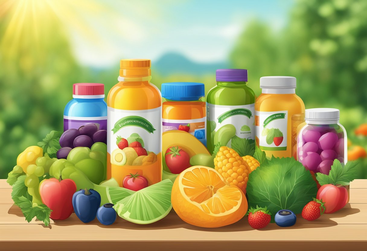 A variety of colorful fruits and vegetables surrounding a bottle of supplements, with a background of a sunny outdoor setting