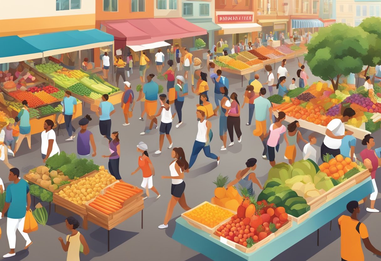 A vibrant market scene with an abundance of colorful fruits, vegetables, and whole grains, surrounded by people engaged in physical activities like walking, yoga, and swimming